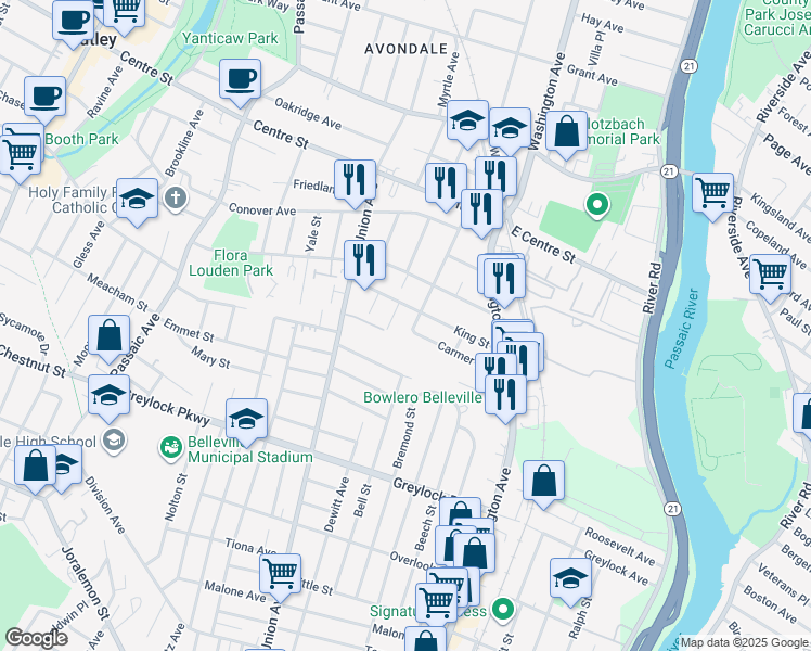 map of restaurants, bars, coffee shops, grocery stores, and more near 79 Carmer Avenue in Belleville