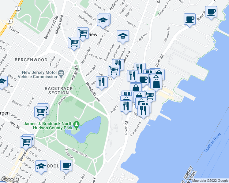 map of restaurants, bars, coffee shops, grocery stores, and more near 9049 Clement Place in North Bergen