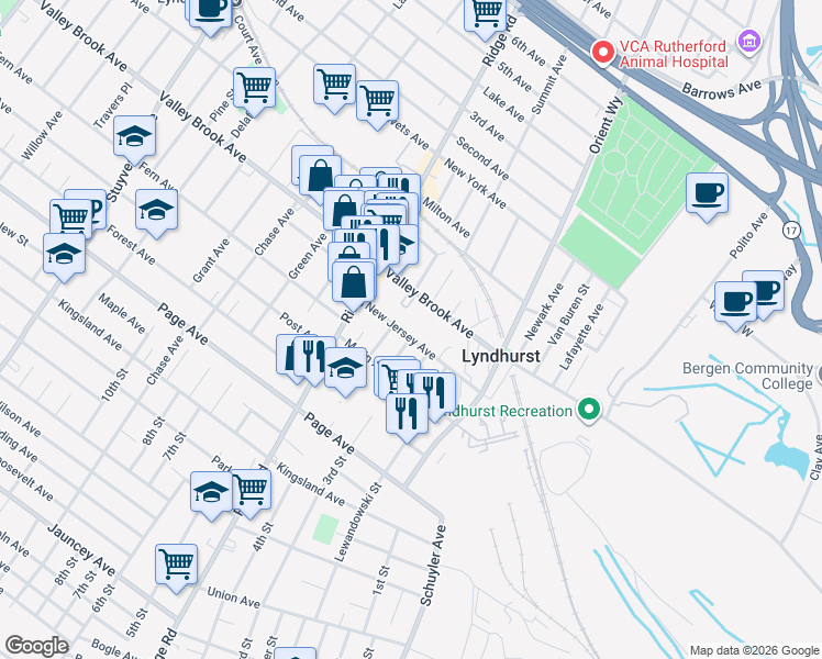 map of restaurants, bars, coffee shops, grocery stores, and more near 353 4th Street in Lyndhurst