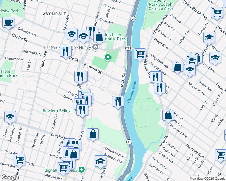 map of restaurants, bars, coffee shops, grocery stores, and more near 1 County Route 624 in Nutley