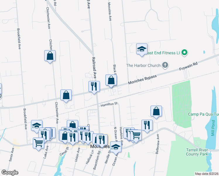 map of restaurants, bars, coffee shops, grocery stores, and more near 2 Robinson Street in Center Moriches