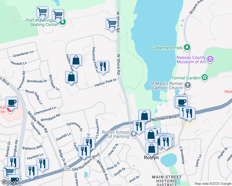 map of restaurants, bars, coffee shops, grocery stores, and more near 17 John Bean Court in Port Washington