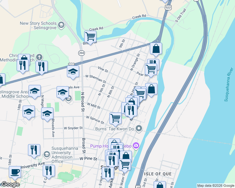 map of restaurants, bars, coffee shops, grocery stores, and more near 101-199 West Penn Street in Selinsgrove