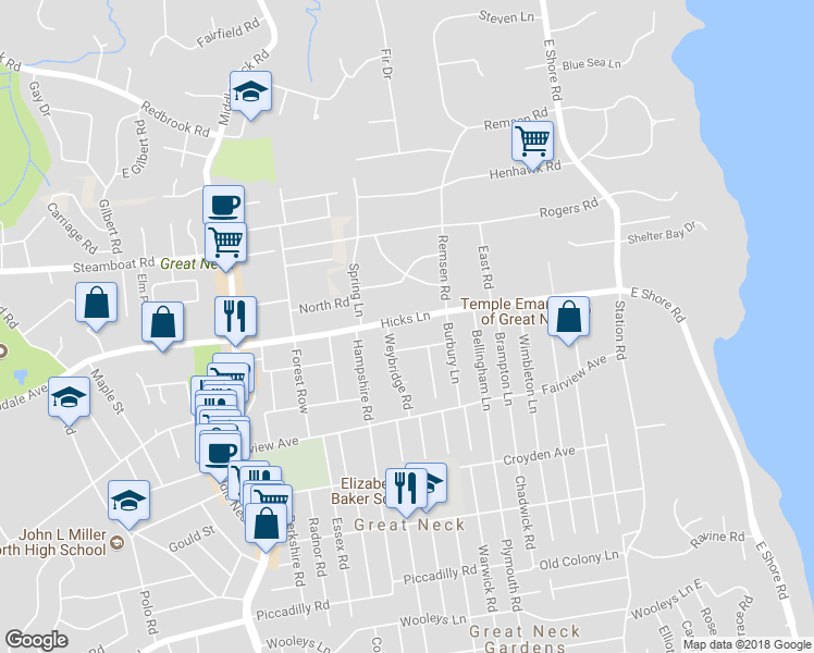map of restaurants, bars, coffee shops, grocery stores, and more near 74 Hicks Lane in Great Neck