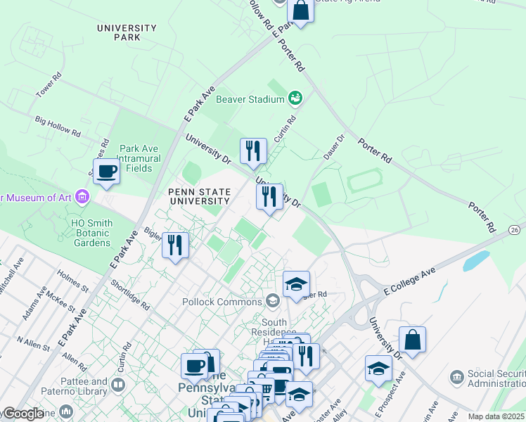 map of restaurants, bars, coffee shops, grocery stores, and more near 250 University Drive in State College