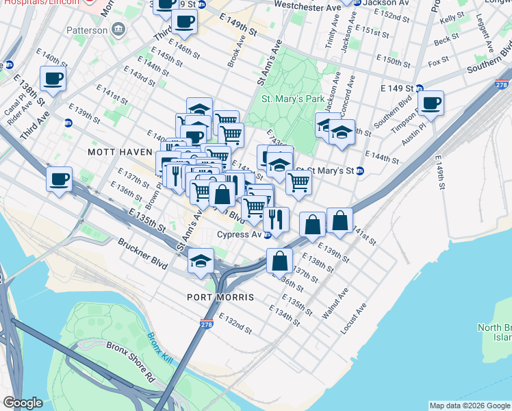 map of restaurants, bars, coffee shops, grocery stores, and more near in The Bronx