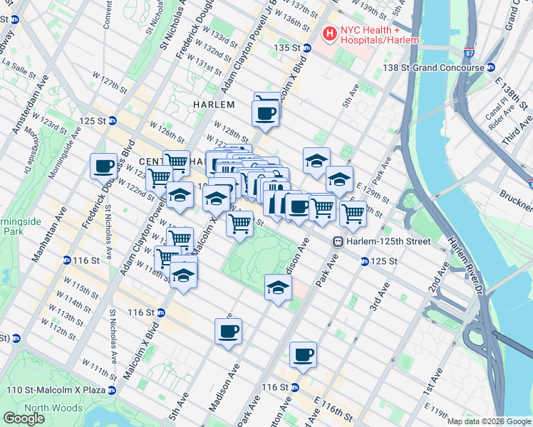 map of restaurants, bars, coffee shops, grocery stores, and more near Mount Morris Park West in New York