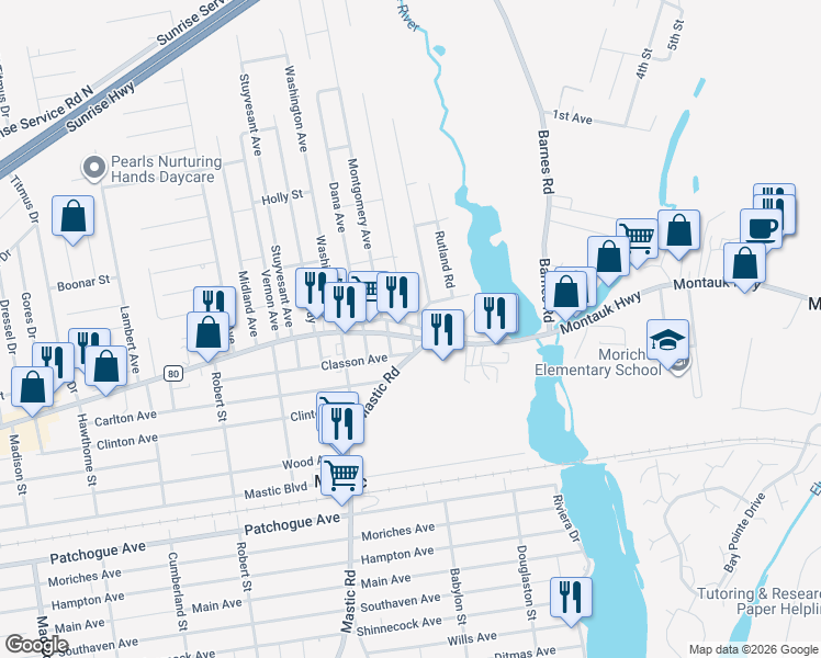 map of restaurants, bars, coffee shops, grocery stores, and more near 1719 Montauk Highway in Mastic