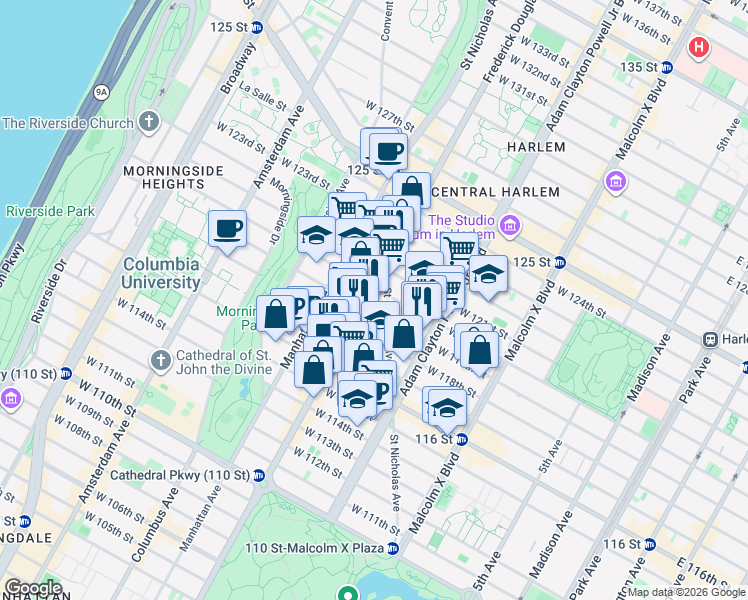 map of restaurants, bars, coffee shops, grocery stores, and more near 2216 Frederick Douglass Boulevard in New York