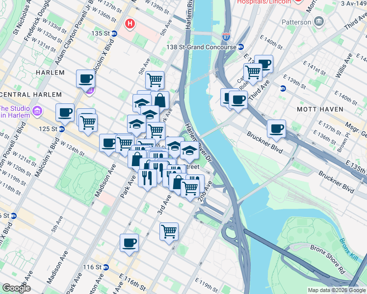 map of restaurants, bars, coffee shops, grocery stores, and more near 167 East 128th Street in New York
