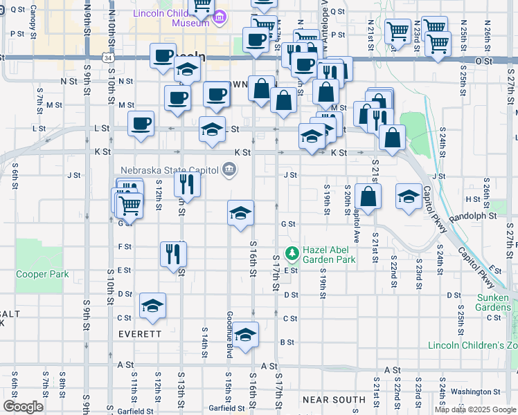 map of restaurants, bars, coffee shops, grocery stores, and more near 700 South 16th Street in Lincoln