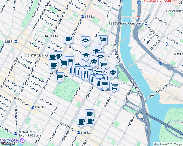 map of restaurants, bars, coffee shops, grocery stores, and more near 56 East 126th Street in New York