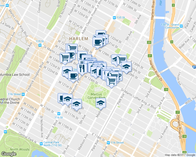 map of restaurants, bars, coffee shops, grocery stores, and more near Mount Morris Park West in New York