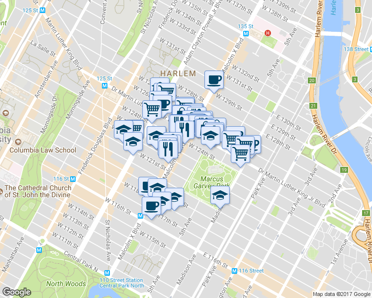 map of restaurants, bars, coffee shops, grocery stores, and more near 10 West 123rd Street in New York