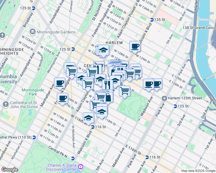 map of restaurants, bars, coffee shops, grocery stores, and more near 241 Lenox Avenue in New York