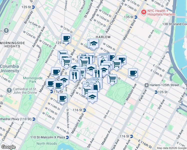 map of restaurants, bars, coffee shops, grocery stores, and more near 147 West 121st Street in New York
