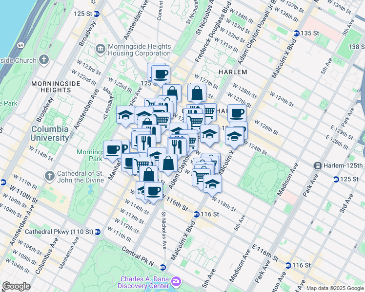map of restaurants, bars, coffee shops, grocery stores, and more near 1980 Adam Clayton Powell Junior Boulevard in New York