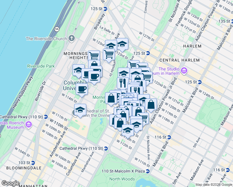 map of restaurants, bars, coffee shops, grocery stores, and more near 368 West 117th Street in New York