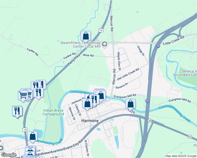 map of restaurants, bars, coffee shops, grocery stores, and more near 303 Mercer Road in Harmony
