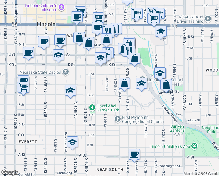 map of restaurants, bars, coffee shops, grocery stores, and more near 1930 G Street in Lincoln