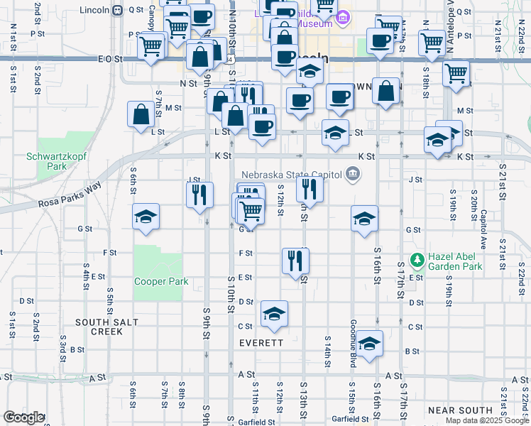 map of restaurants, bars, coffee shops, grocery stores, and more near 1114 G Street in Lincoln