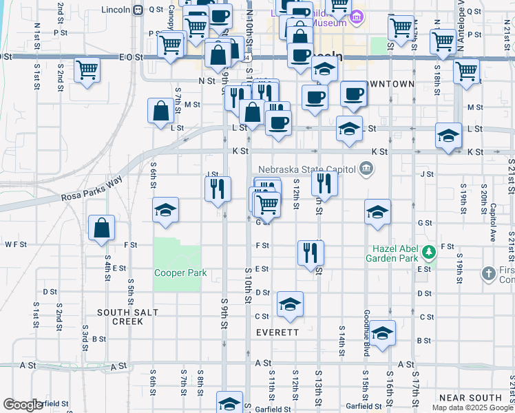 map of restaurants, bars, coffee shops, grocery stores, and more near 1020 G Street in Lincoln