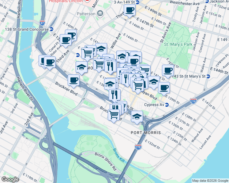 map of restaurants, bars, coffee shops, grocery stores, and more near E 136th St & Brown Pl in Bronx