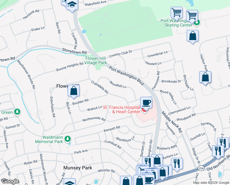map of restaurants, bars, coffee shops, grocery stores, and more near 140 Crabapple Road in Manhasset