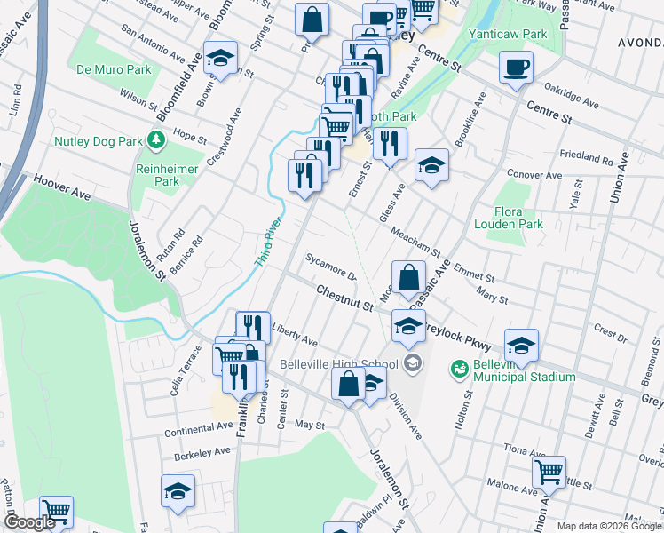 map of restaurants, bars, coffee shops, grocery stores, and more near 96 Chestnut Street in Belleville