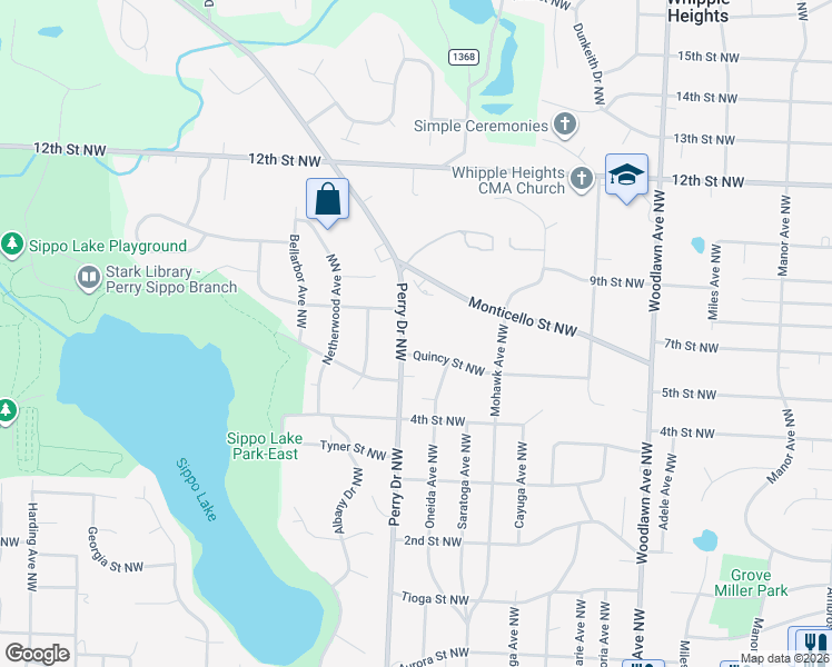 map of restaurants, bars, coffee shops, grocery stores, and more near 5083 Quincy Street Northwest in Canton