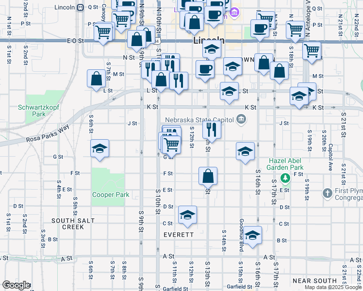 map of restaurants, bars, coffee shops, grocery stores, and more near 1111 H Street in Lincoln
