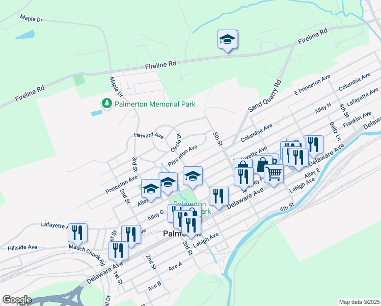 map of restaurants, bars, coffee shops, grocery stores, and more near 418 Princeton Avenue in Palmerton