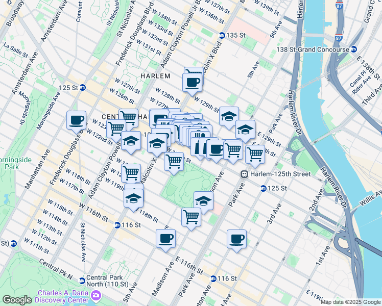 map of restaurants, bars, coffee shops, grocery stores, and more near Mount Morris Park West in New York