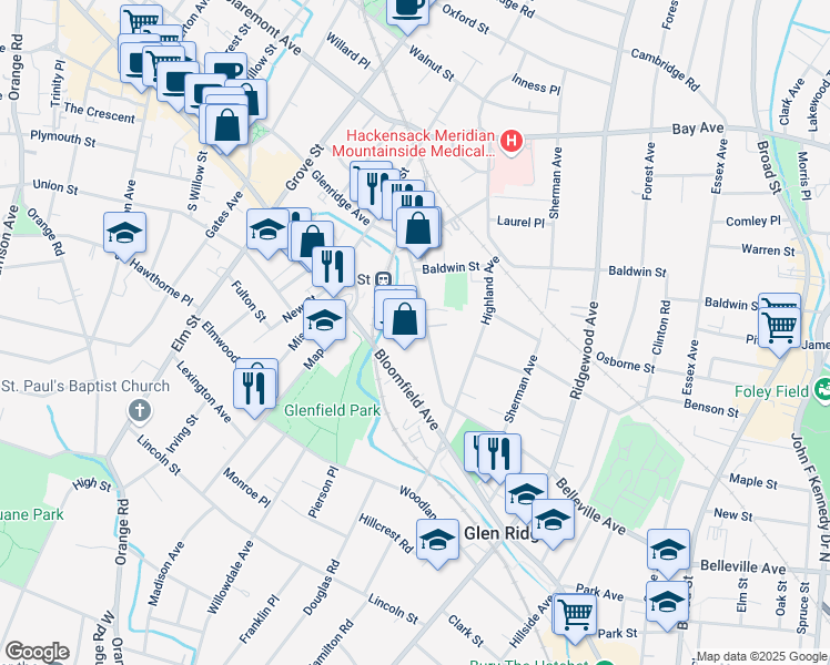 map of restaurants, bars, coffee shops, grocery stores, and more near 100 Glenridge Avenue in Glen Ridge
