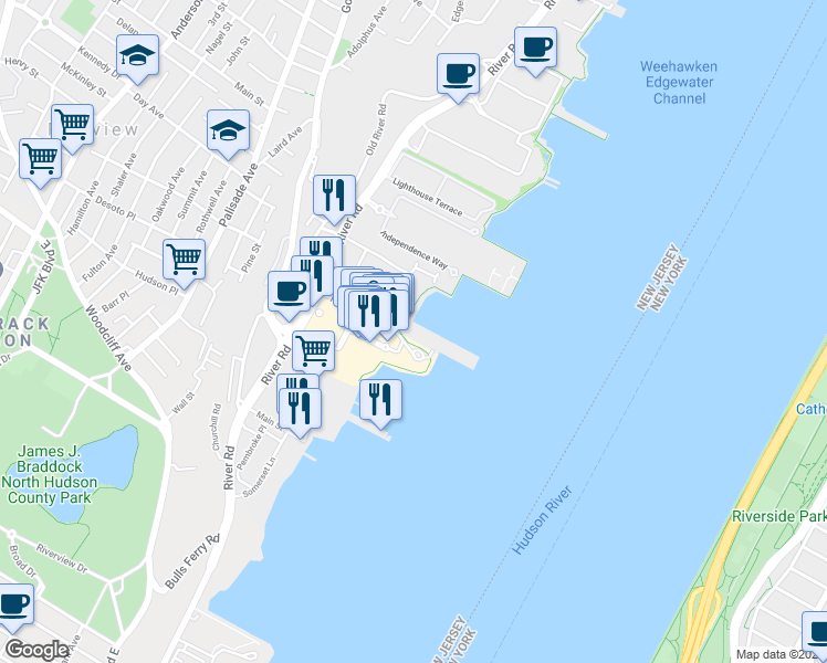map of restaurants, bars, coffee shops, grocery stores, and more near 102 The Promenade in Edgewater