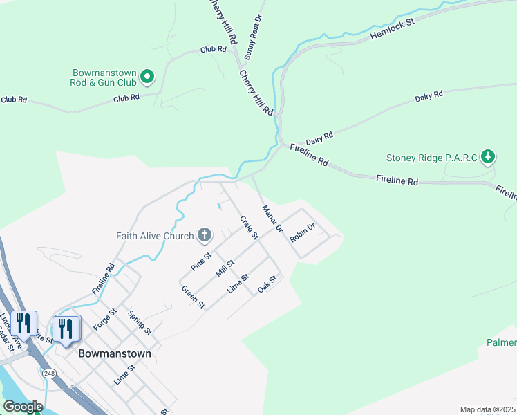 map of restaurants, bars, coffee shops, grocery stores, and more near 95 Manor Drive in Palmerton