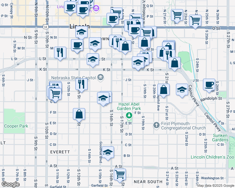 map of restaurants, bars, coffee shops, grocery stores, and more near 1627 H Street in Lincoln