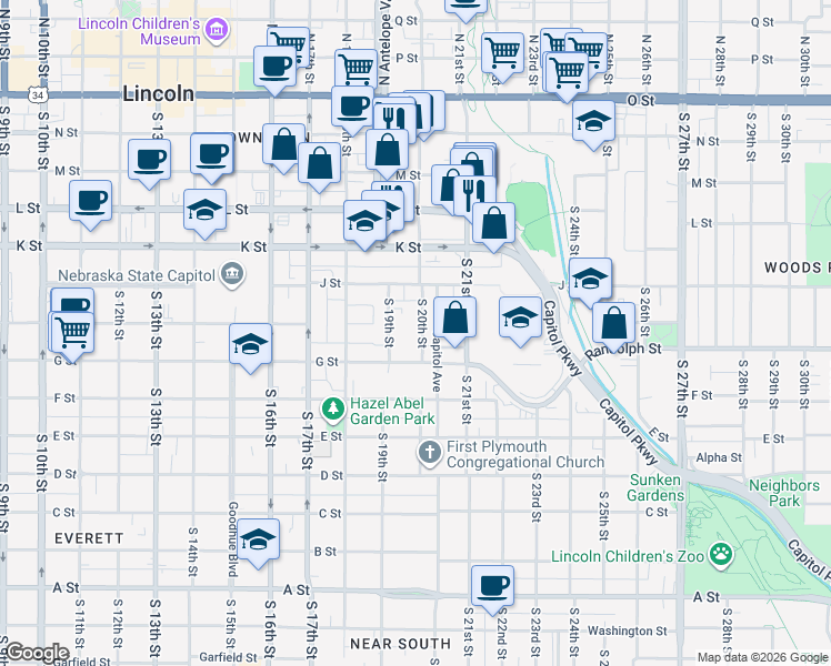map of restaurants, bars, coffee shops, grocery stores, and more near 645 South 20th Street in Lincoln