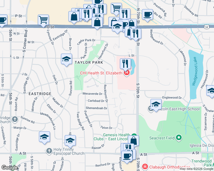 map of restaurants, bars, coffee shops, grocery stores, and more near 811 Rockhurst Drive in Lincoln