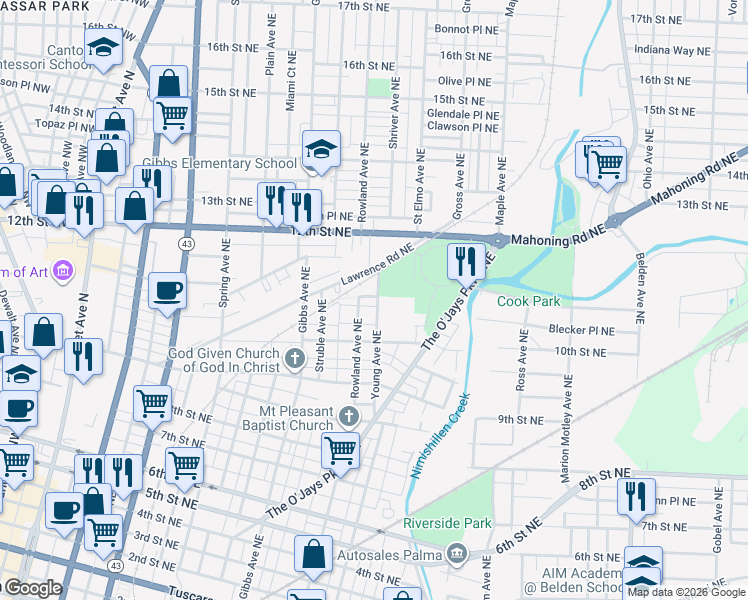 map of restaurants, bars, coffee shops, grocery stores, and more near 1047 Young Avenue Northeast in Canton
