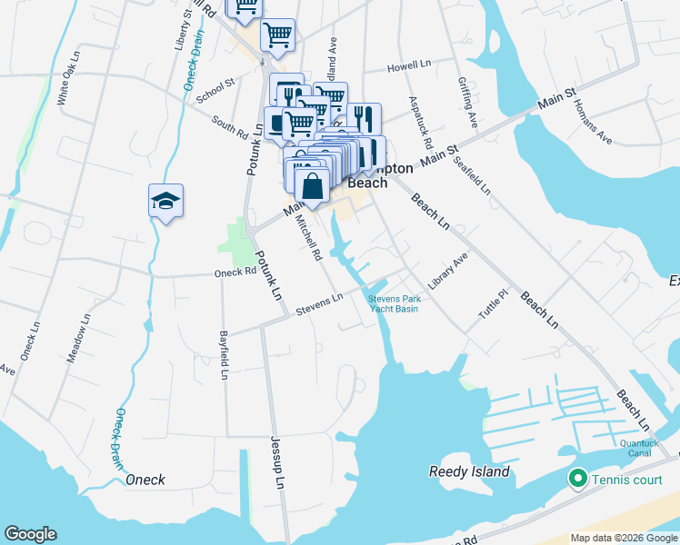 map of restaurants, bars, coffee shops, grocery stores, and more near 3029 Mitchell Road in Westhampton Beach
