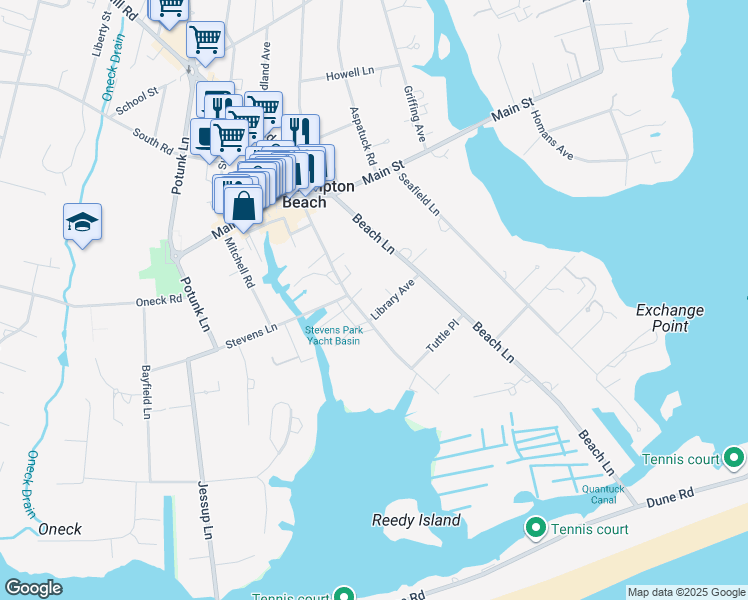 map of restaurants, bars, coffee shops, grocery stores, and more near 1 Library Avenue in Westhampton Beach