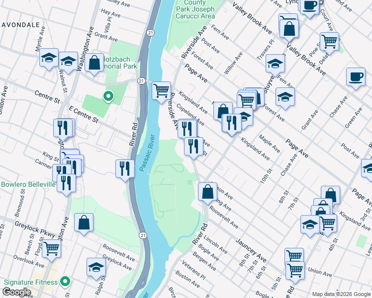 map of restaurants, bars, coffee shops, grocery stores, and more near 763 Riverside Avenue in Lyndhurst