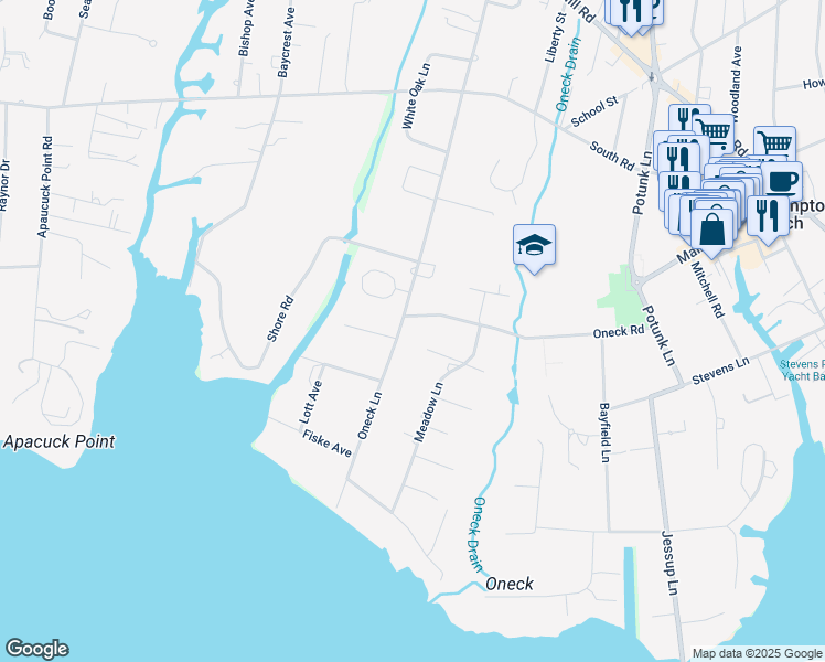 map of restaurants, bars, coffee shops, grocery stores, and more near 220 Oneck Lane in Westhampton Beach
