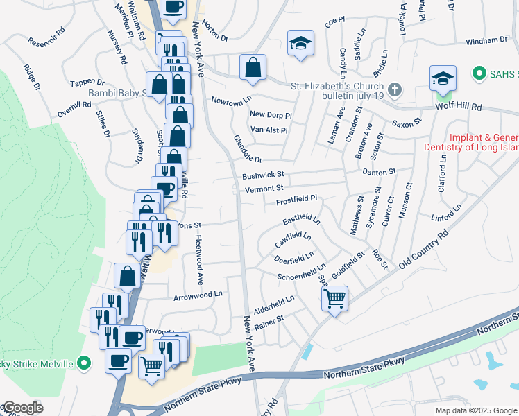 map of restaurants, bars, coffee shops, grocery stores, and more near 14 Wagner Court in Huntington Station