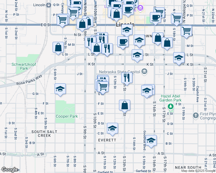 map of restaurants, bars, coffee shops, grocery stores, and more near 1111 H Street in Lincoln