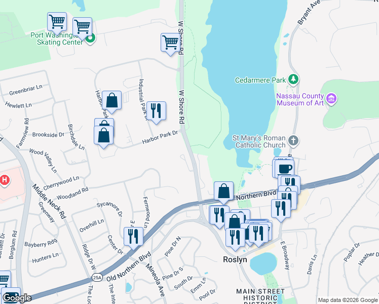 map of restaurants, bars, coffee shops, grocery stores, and more near 31 John Bean Court in Port Washington