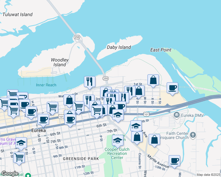 map of restaurants, bars, coffee shops, grocery stores, and more near 211 R Street in Eureka