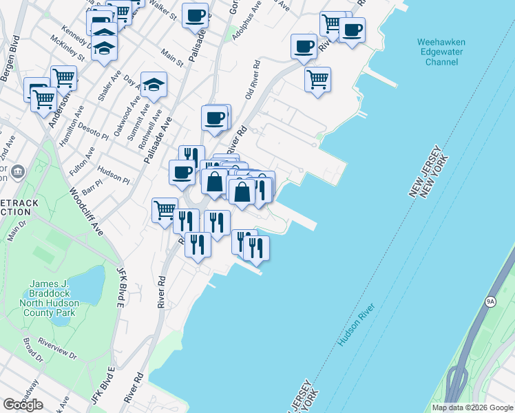 map of restaurants, bars, coffee shops, grocery stores, and more near 90 The Promenade in Edgewater