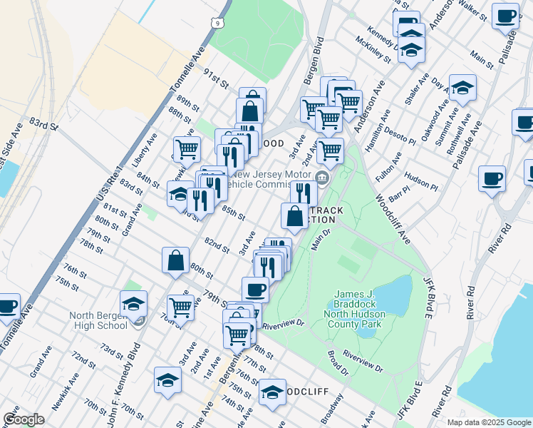 map of restaurants, bars, coffee shops, grocery stores, and more near 614 85th Street in North Bergen